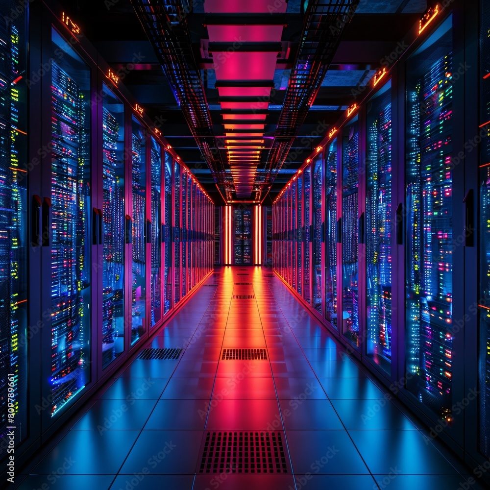 Poster a high-tech data center, with rows of glowing servers: comprehensive data and network security.