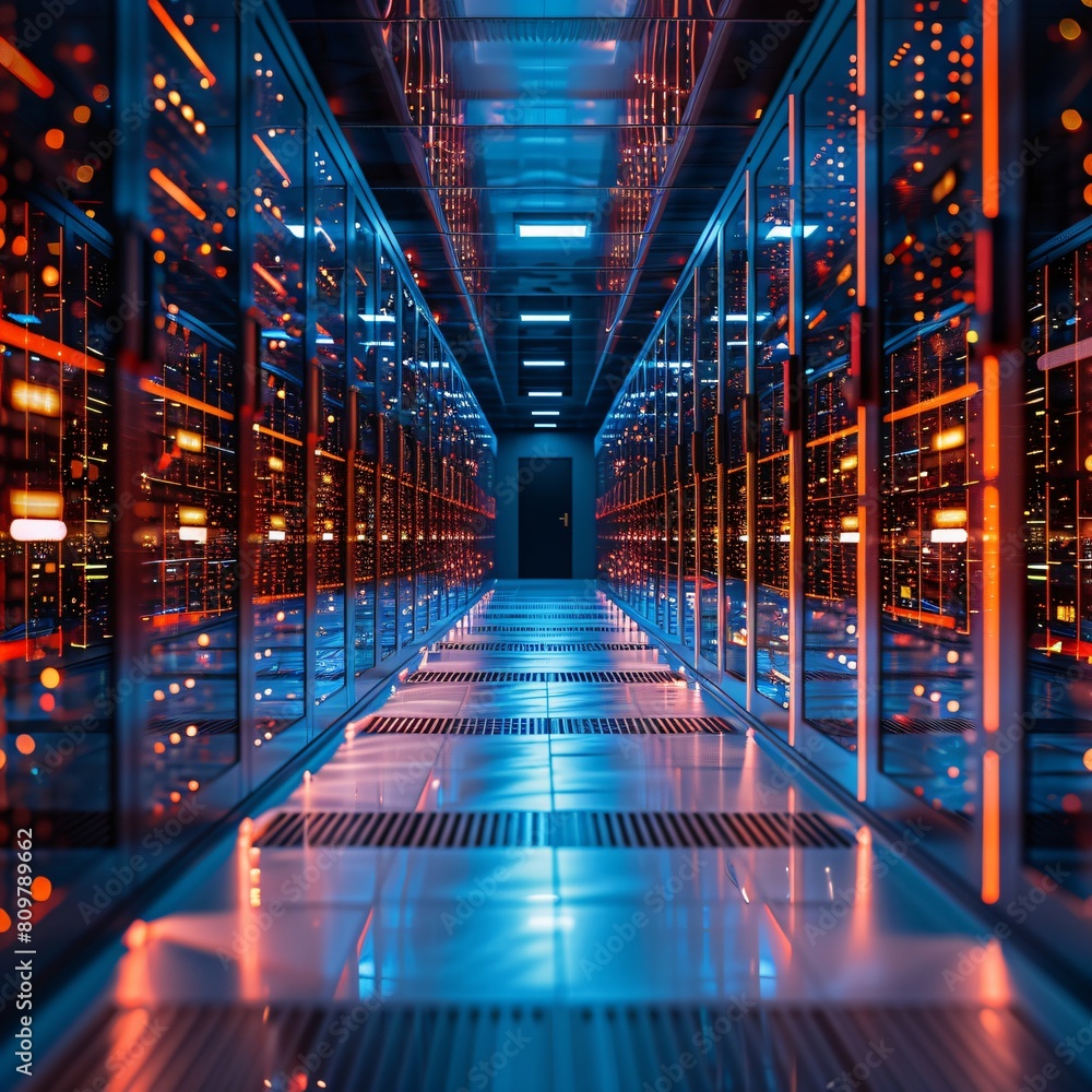 Aufkleber a high-tech data center, with rows of glowing servers: core network solutions for modern demands.