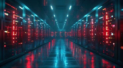 A high-tech data center, with rows of glowing servers: Centralized Compute Functions for Enhanced Data Processing.