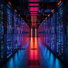 A high-tech data center, with rows of glowing servers: Comprehensive Data and Network Security.