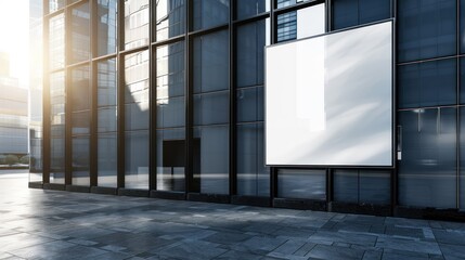 Big white blank square sign hanging on the wall of modern building, mockup template for shop, store and business, blank space with reflections for design layout. Black frame with light from above.