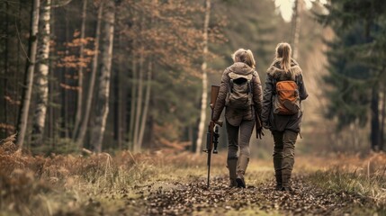Two women are walking through a forest, one of them carrying a gun