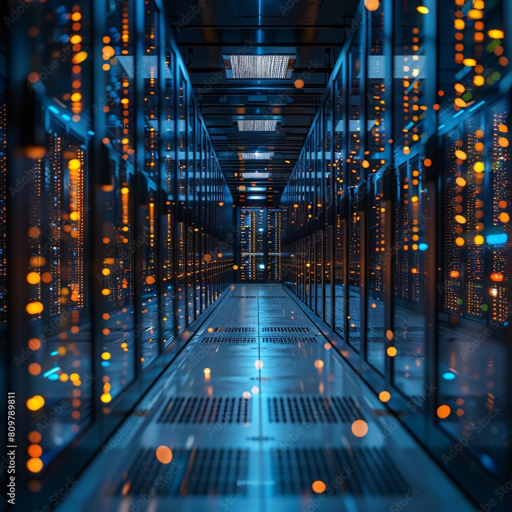 Poster a high-tech data center, with rows of glowing servers: harnessing the power of high-capacity network
