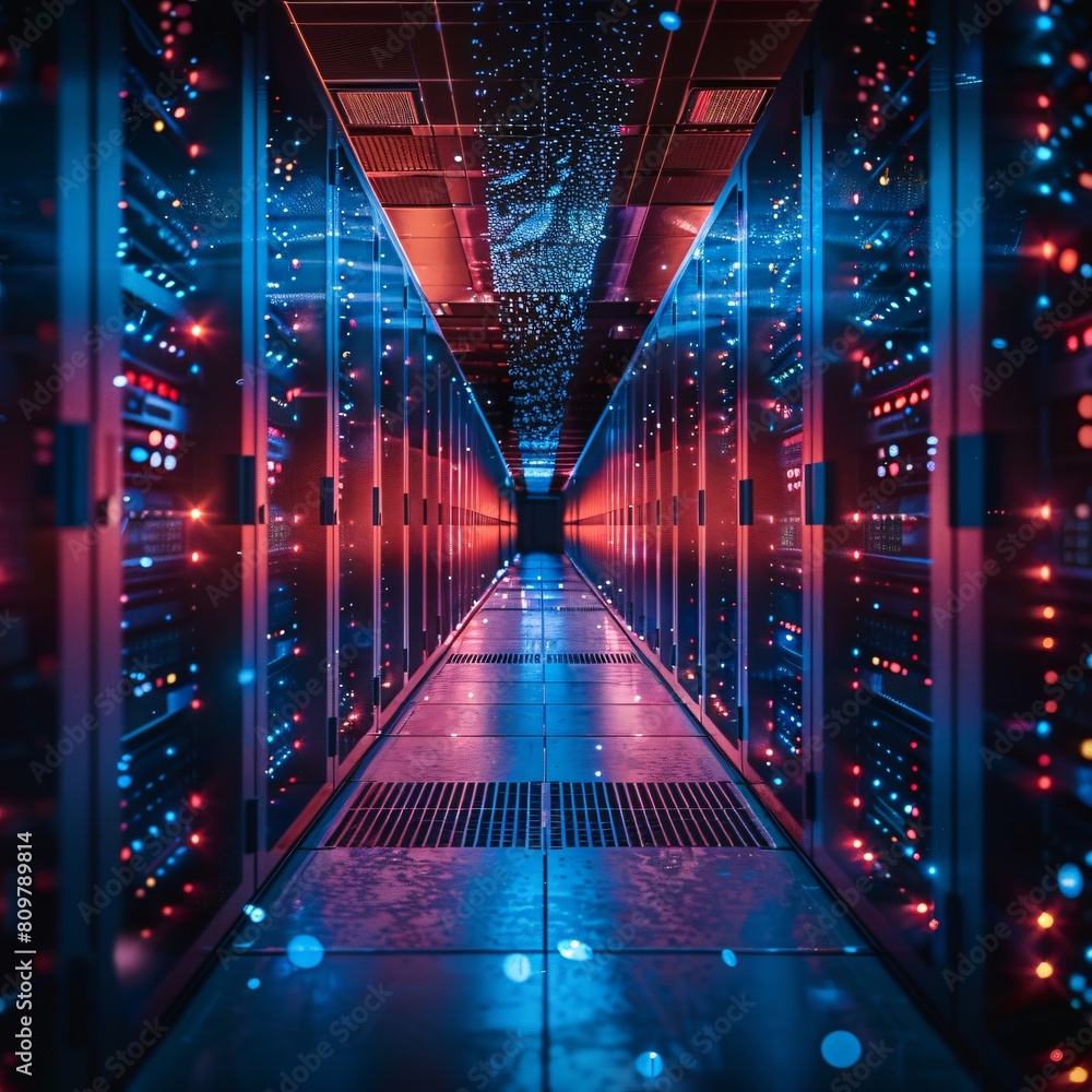 Poster a high-tech data center, with rows of glowing servers: high-speed networks for enhanced data accessi