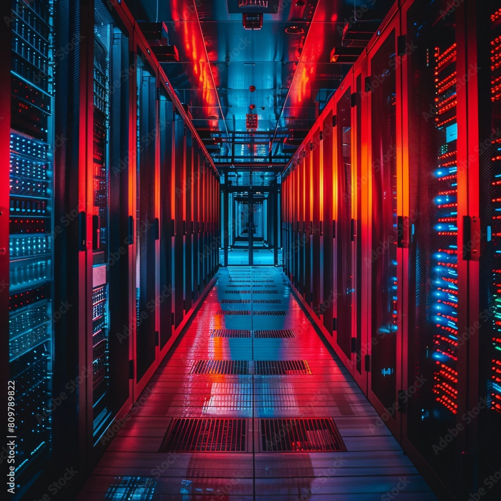 Poster a high-tech data center, with rows of glowing servers: high-tech solutions for data storage needs.