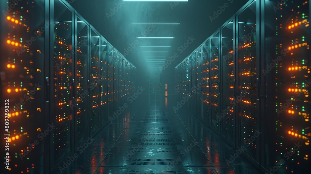 Poster a high-tech data center, with rows of glowing servers: integrated data storage and security solution