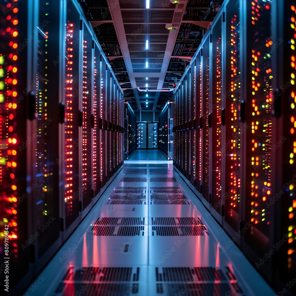 Poster a high-tech data center, with rows of glowing servers: innovative backup solutions for critical data