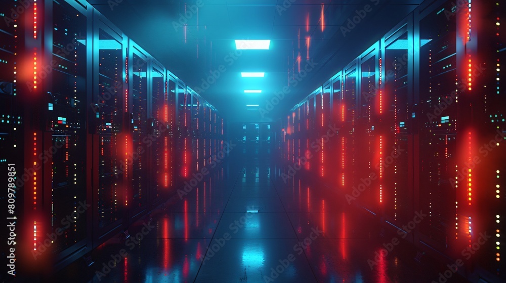 Aufkleber a high-tech data center, with rows of glowing servers: integrated systems for seamless data transfer