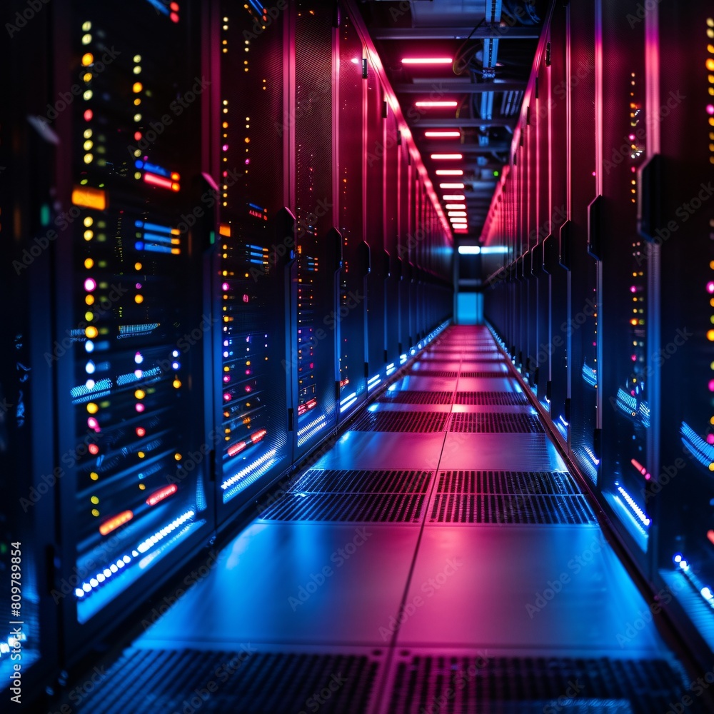 Poster a high-tech data center, with rows of glowing servers: maximizing data storage efficiency.