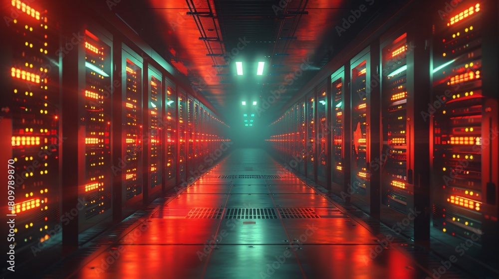 Poster a high-tech data center, with rows of glowing servers: leveraging advanced technology for comprehens