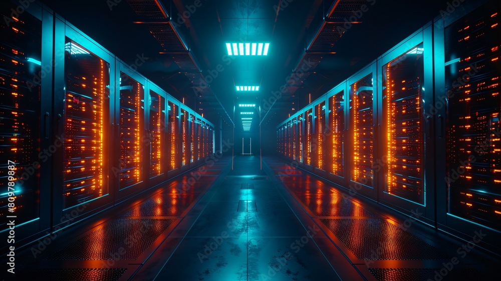 Poster a high-tech data center, with rows of glowing servers: modernizing network operations with cutting-e