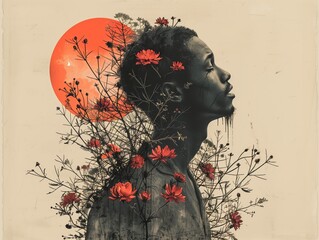 Serene Sunset Silhouette: An African Man's Profile Overlaid with Wild Red Florals Against a Vibrant Orange Sun