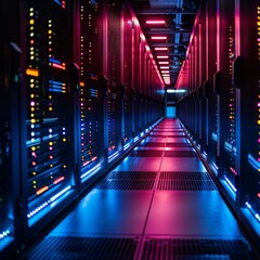 A high-tech data center, with rows of glowing servers: Maximizing Data Storage Efficiency.