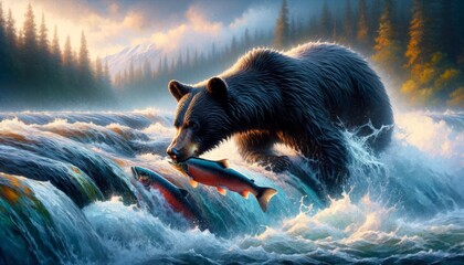 Black bear catching salmon in rushing waterfall
