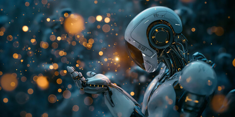 Advanced Robot Hand Reaching Out Against a Glittering Bokeh Background