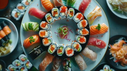 Overhead shot of a spinning plate of sushi - Powered by Adobe