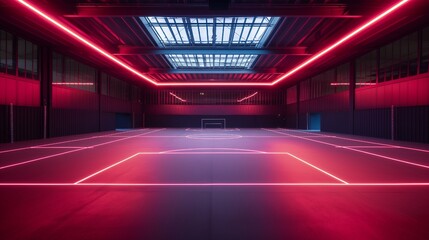a cutting-edge, multipurpose sports arena featuring an LED floor and a football field. Only the red LEDs are lit in the otherwise dark hallway.