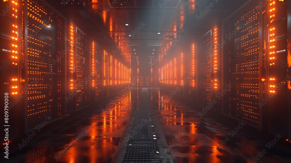 Poster a high-tech data center, with rows of glowing servers: scalable storage solutions for expanding data