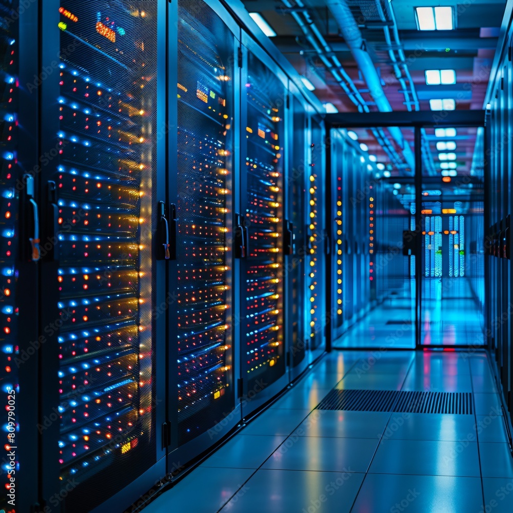 Aufkleber a high-tech data center, with rows of glowing servers: state-of-the-art data backup systems.