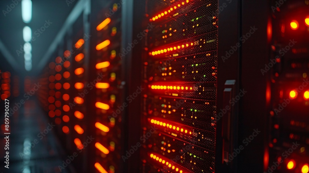 Poster a high-tech data center, with rows of glowing servers: secure and scalable network infrastructure.