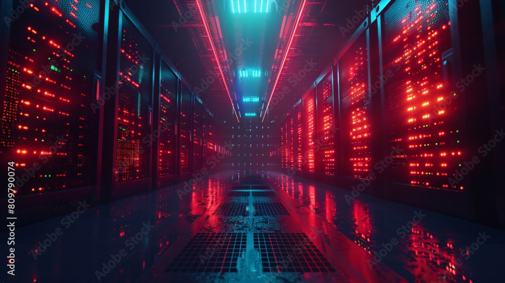 Poster a high-tech data center, with rows of glowing servers: the backbone of digital transformation.