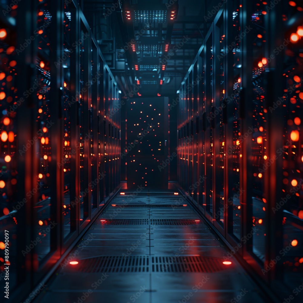 Poster a high-tech data center, with rows of glowing servers: the frontline of network and data security.