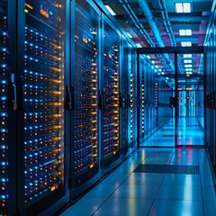 A high-tech data center, with rows of glowing servers: State-of-the-Art Data Backup Systems.