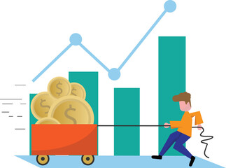 Man is pulling a coin cart in front of a bar chart. finance design concept