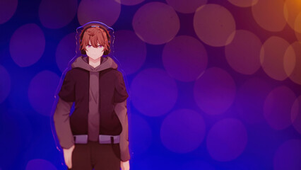 Anime gamer boy figure under the spotlight with copy space