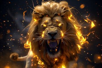 lion in the night, Behold the majestic presence of a roaring mighty fantasy lion, brought to life...