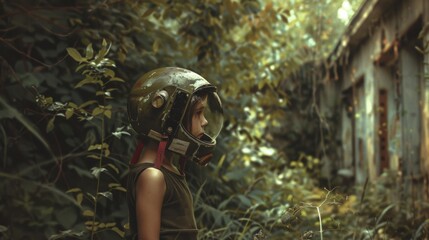 A solitary person in an astronaut helmet stands amidst overgrown foliage, invoking a sense of adventure and post-apocalyptic solitude.