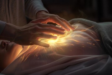 Glowing energy emanating from Reiki energy healing session with hands of healer