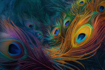 Obraz premium peacock feather closeup, Behold the mesmerizing allure of a beautiful and colorful abstract peacock feather background, adorning your screen like a regal tapestry