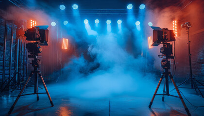 Fototapeta premium A dark room with two tripods and a fog machine by AI generated image
