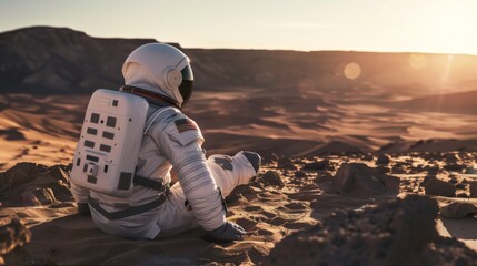 Astronaut sitting on desert sand, contemplating the horizon during a beautiful sunset, evoking solitude and exploration.
