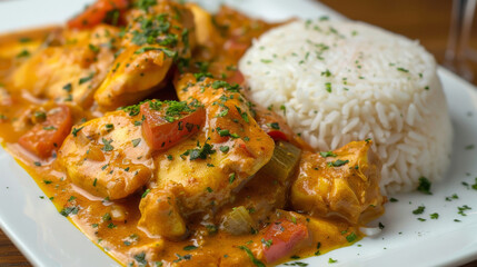 Authentic congolese chicken stew with white rice and fresh herbs, embodying the flavors of central african gastronomy