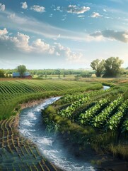 Sustainable Agricultural Water Management Techniques Showcased in Picturesque Countryside Landscape