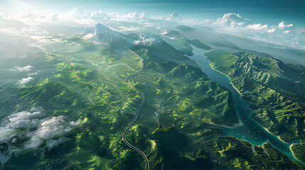Lush green mountainous terrain with rivers and morning fog. High-detail aerial view digital illustration. Nature and travel concept for poster and wallpaper design