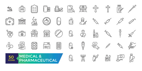 Medical and Pharmaceutical icons. Doctor, research, chemistry testing lab icons.