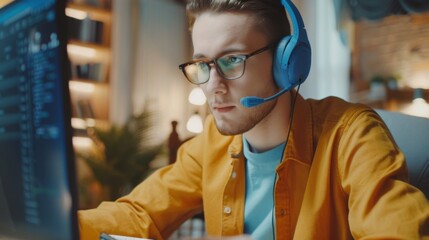 Focused young man with headphones working on computer in a modern office environment. Technology, concentration, professionalism.