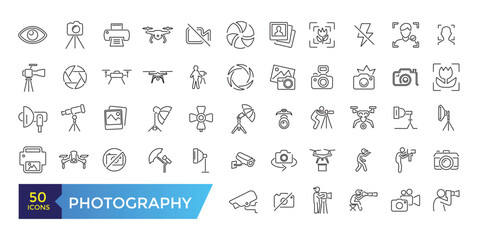 Photography studio and film icon set. Photo lens technology, different digital icon collection.