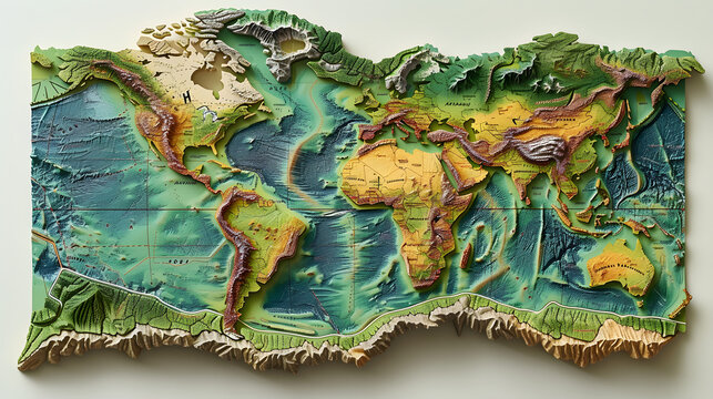 Fototapeta 3d world map sculpture. High-detail physical map with relief features. Geography and education concept for design and print