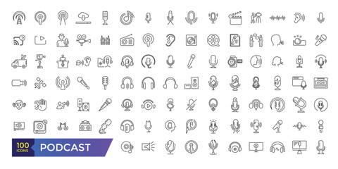 Podcast and Audio icon set. Podcasting, broadcasting and entertainment icons.