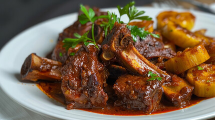 Savory congolese delicacy with tender braised meat and manioc, topped with fresh parsley, presented on a white platter