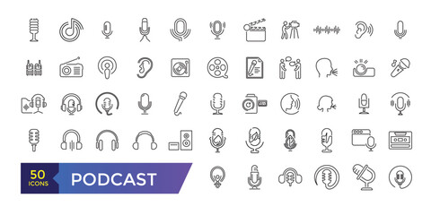 Podcast and Audio icon set. Podcasting, broadcasting and entertainment icons.
