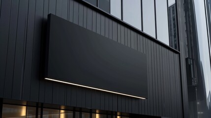 Black blank sign mockup hanging on the wall of modern building with white light inside, closeup view.