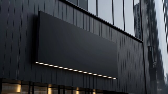 Black blank sign mockup hanging on the wall of modern building with white light inside, closeup view.