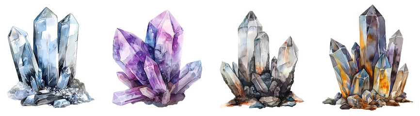 Watercolor crystals, gemstones png set