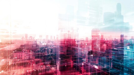 Naklejka premium Abstract technology concept with digital lines overlaying a blurred cityscape in pink and blue hues, symbolizing urban connectivity.