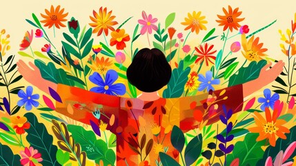 Joyful Embrace of Spring: Woman Amidst Vibrant Wildflowers